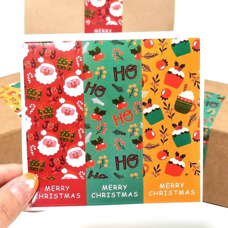 Stiker Kemasan Hadiah Selamat Natal untuk Anak-anak 30-90 Buah Dekorasi Komoditas Toko Label Segel Persegi Panjang Pola Santa Lucu