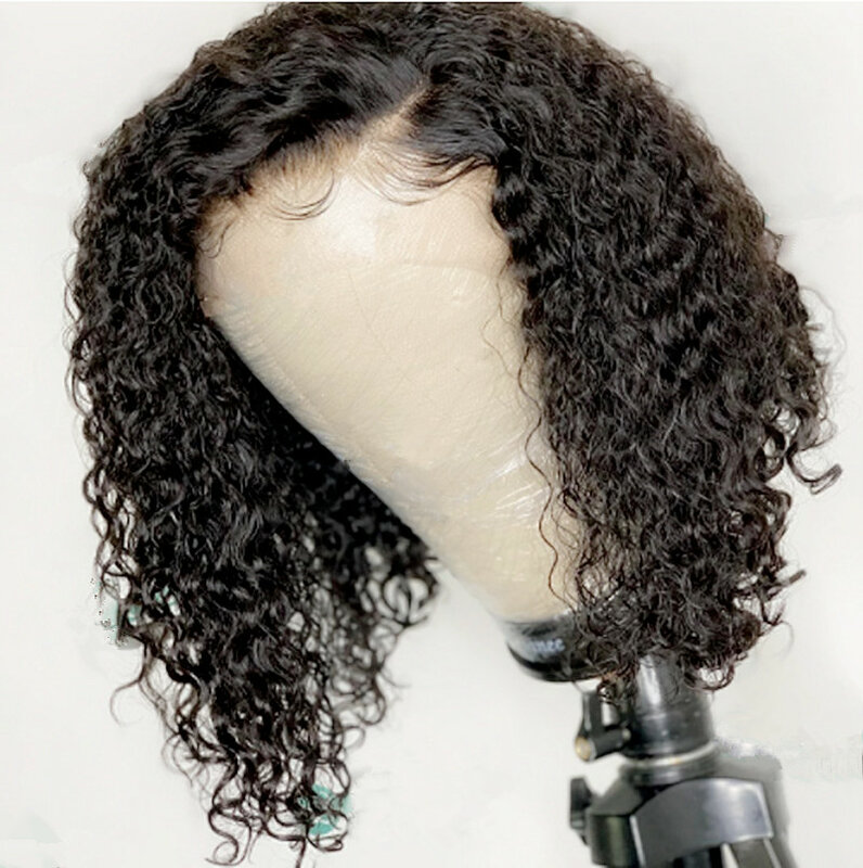 Черный, 12-14 дюймов, короткий, Боб, вьющийся, синтетический парик на сетке спереди для женщин с детскими волосами, предварительно выщипанный п...