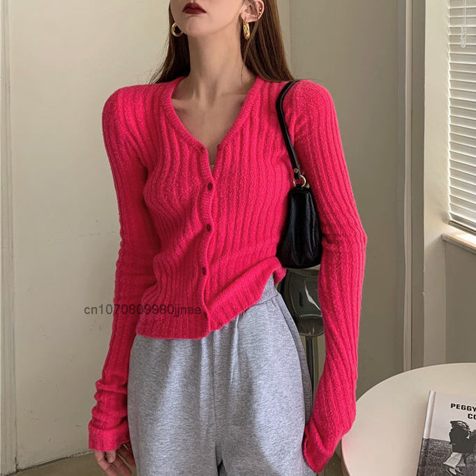 Mantel Sweter V-neck Mode Musim Gugur Elegan Kardigan Warna Solid Atasan Sweter Kasual Tipis Ramping Lengan Panjang Wanita