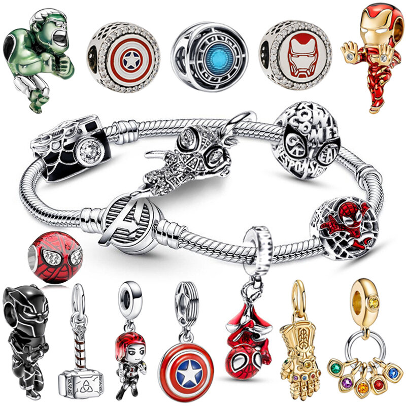 Подходящие оригинальные шармы-браслеты Pandora Женские аниме Marvel Человек-паук бусины для изготовления бижутерии Disney Мстители искусственные
