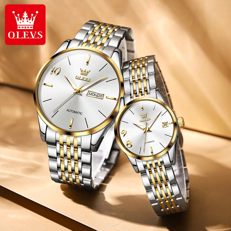 OLEVS Wasserdichte Automatische Mechanische Uhren für Paar Edelstahl Armband Mode Voll-automatische Paar Armbanduhr