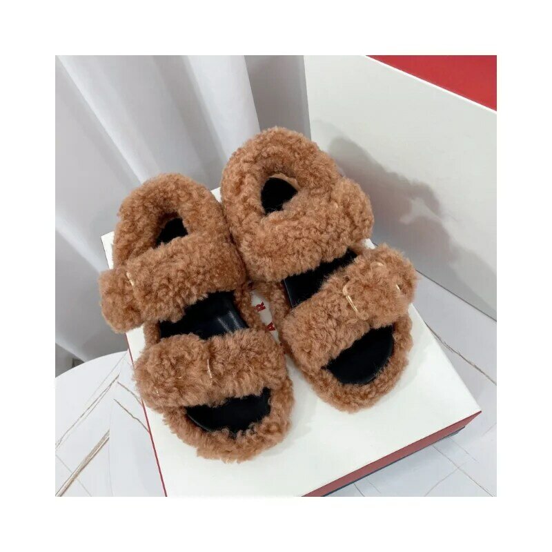 Ladies Flat Fur Slippers 2022 Autumn/Winter New Fashion Casual Thick Bottom Outer Wear One Word Button Wool Sandals And Slippers