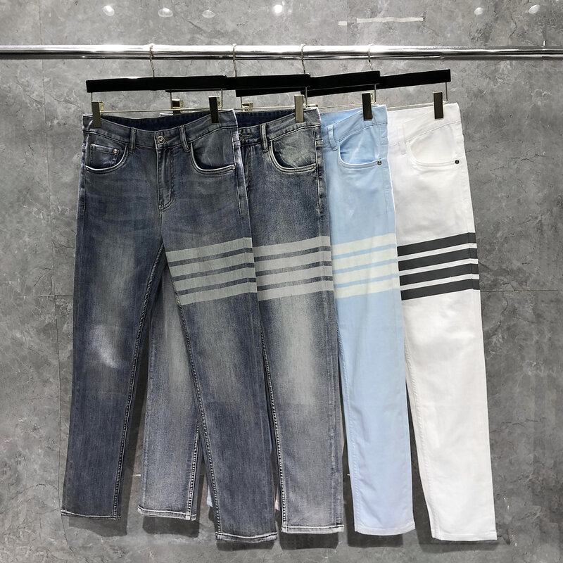 Tb thom jeans 2022 moda único breasted cadeias calças quatro estações de cintura alta lápis denim jeans marca luxo tb calças