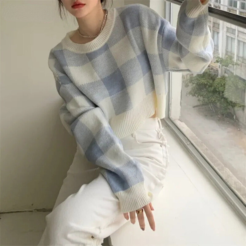 Camisola cortada coreano o-pescoço xadrez impressão estilo preppy pulôver camisola feminina simples doce camisolas y2k