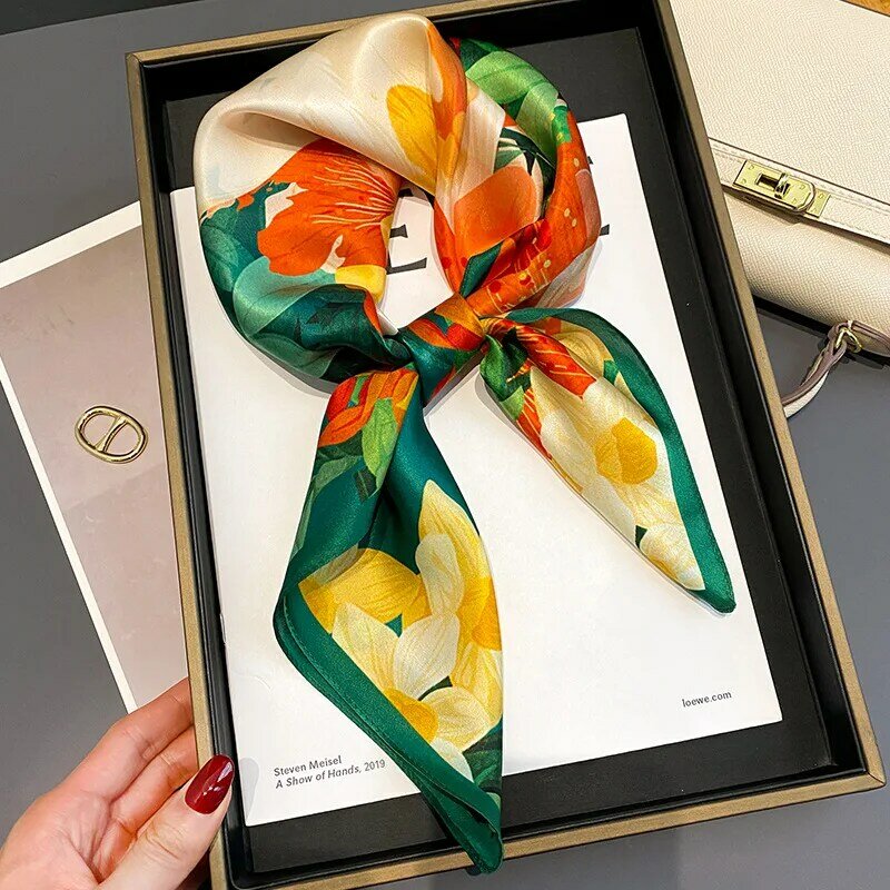 2022 kobiet kwadratowy jedwabny szalik pasmo włosów Foulard szalik elegancki kwiatowy szal Wrap Lady chustka wiosenne szale