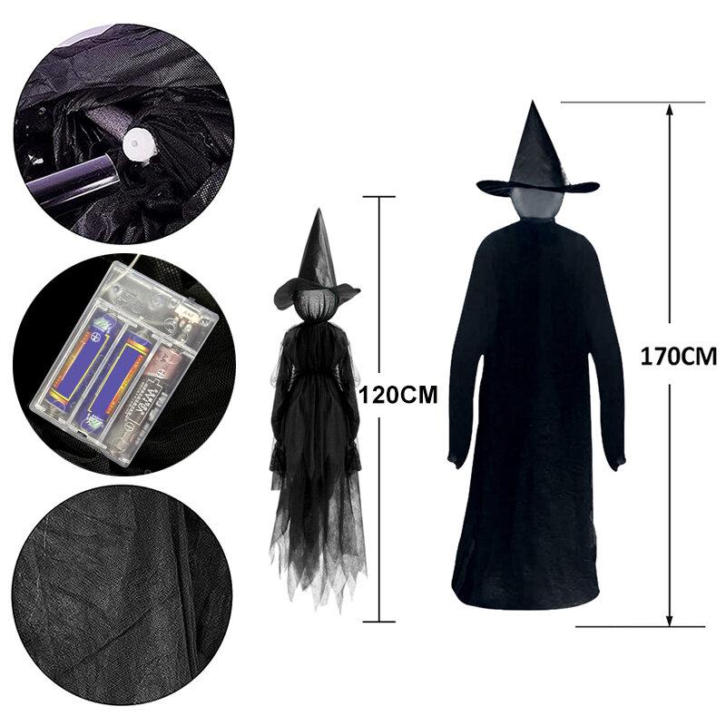 Dekorasi Halloween Penyihir Menyala dengan Tiang Pegangan Tangan Kepala Penyihir Menyeramkan Properti Kerangka untuk Halloween Dekorasi Pesta Luar Ruangan