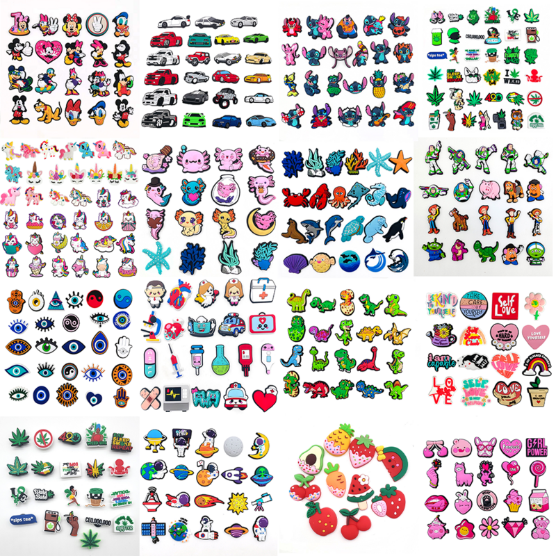 Jibz-Conjunto de 16 tipos de dibujos animados, dijes de cocodrilo para zapatos, zuecos divertidos de bricolaje, sandalias de jardín de PVC, decoraciones de hebilla, regalos para niños