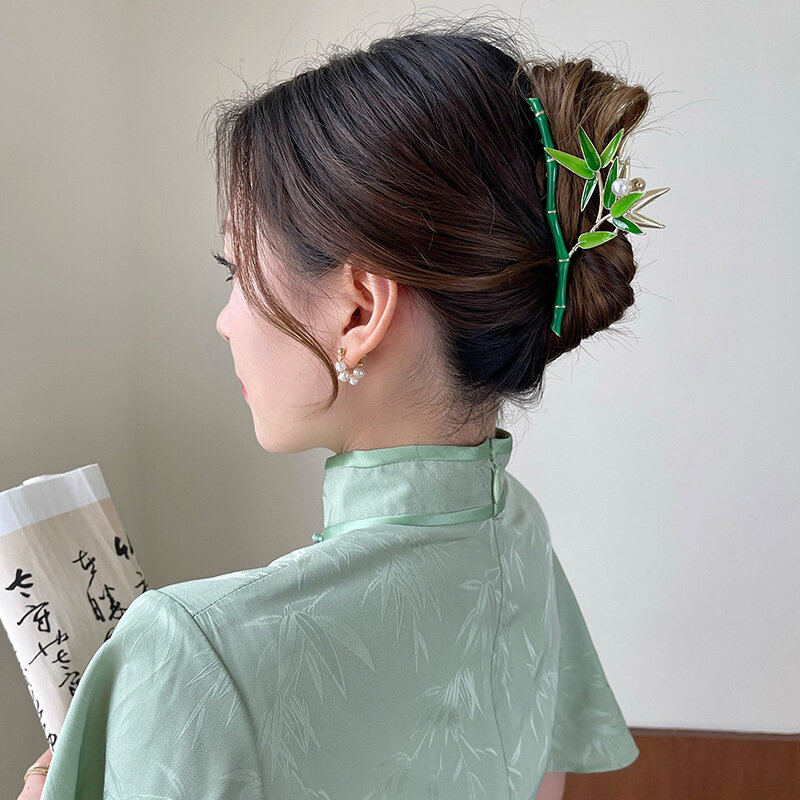 Pinza de Metal para el pelo para mujer, pinzas de bambú verde elegante, pasador, diadema de cangrejo, Clip de cola de caballo, accesorios para el cabello