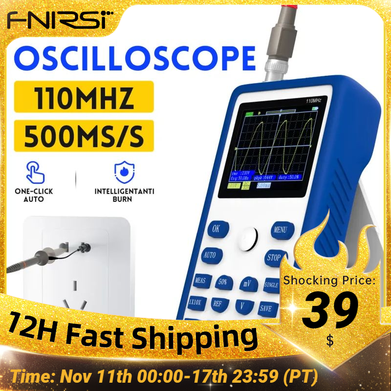 FNIRSI-Osciloscópio Digital Profissional, Largura de Banda Analógica, Suporte Waveform Storage, 500 MS/s Taxa de Amostragem, 110MHz, 1C15