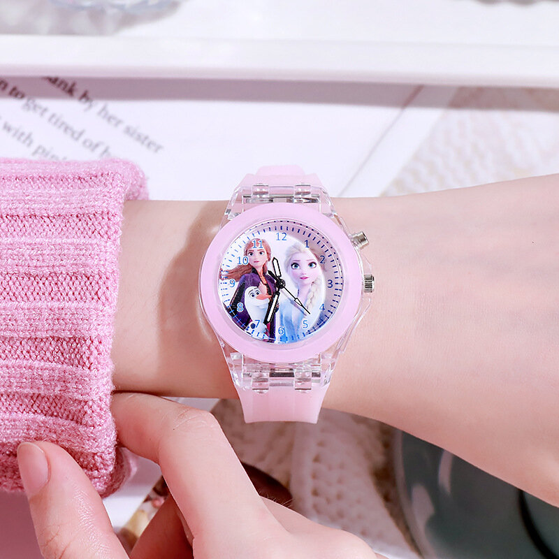 디즈니 겨울왕국 시계 아이샤 공주 어린이 발광 시계, 학생용 실리콘 다채로운 조명 시계, 여아용 선물