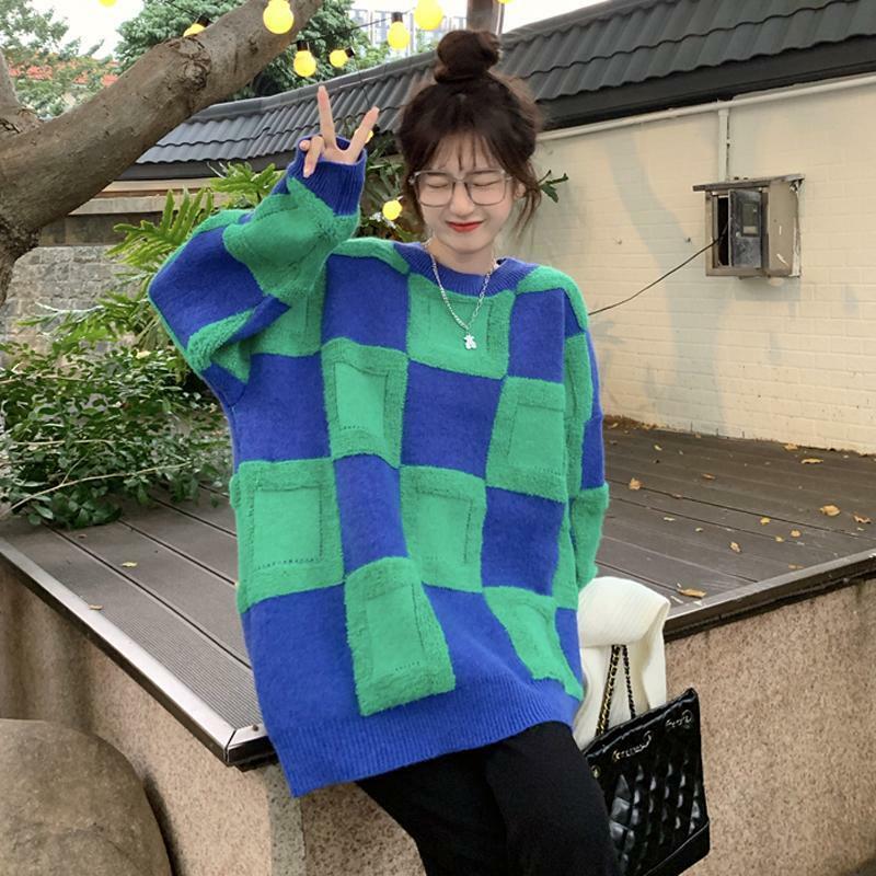 Maglione scozzese a scacchi in inverno 2022 nuova cucitura blu-verde donna ispessita a maniche lunghe in maglia calda per donna