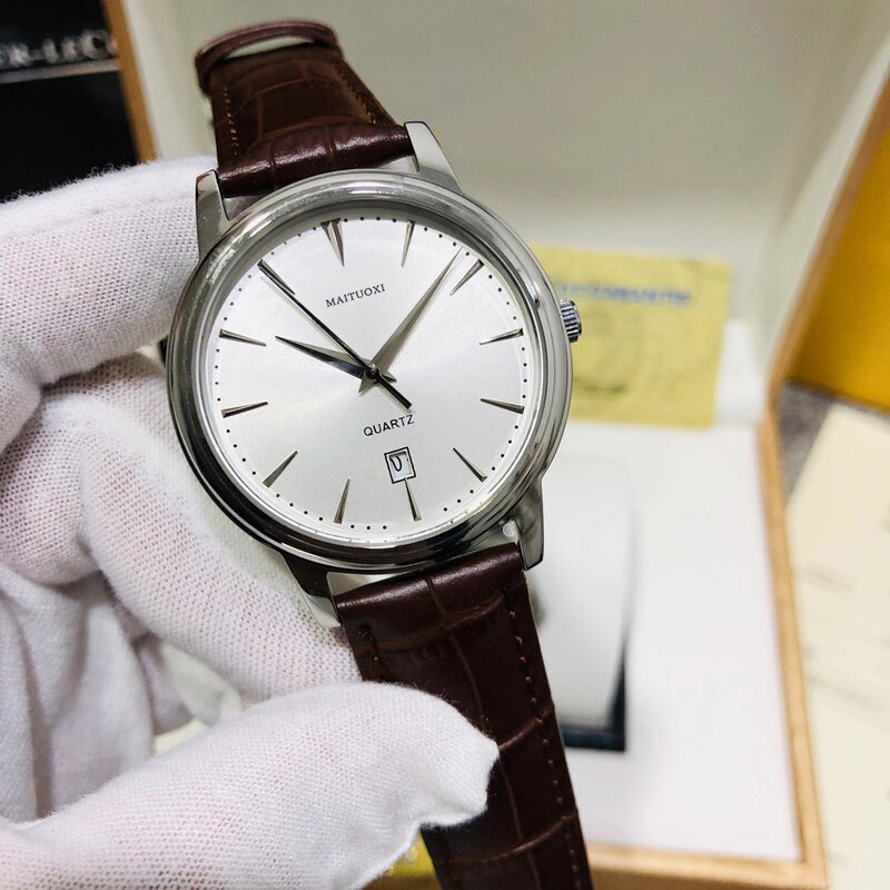 Luksusowy zegarek Quarz opakowanie ze stali nierdzewnej skórzany pasek prosty kalendarz AAA zegarki wodoodporne zegary dla mężczyzn