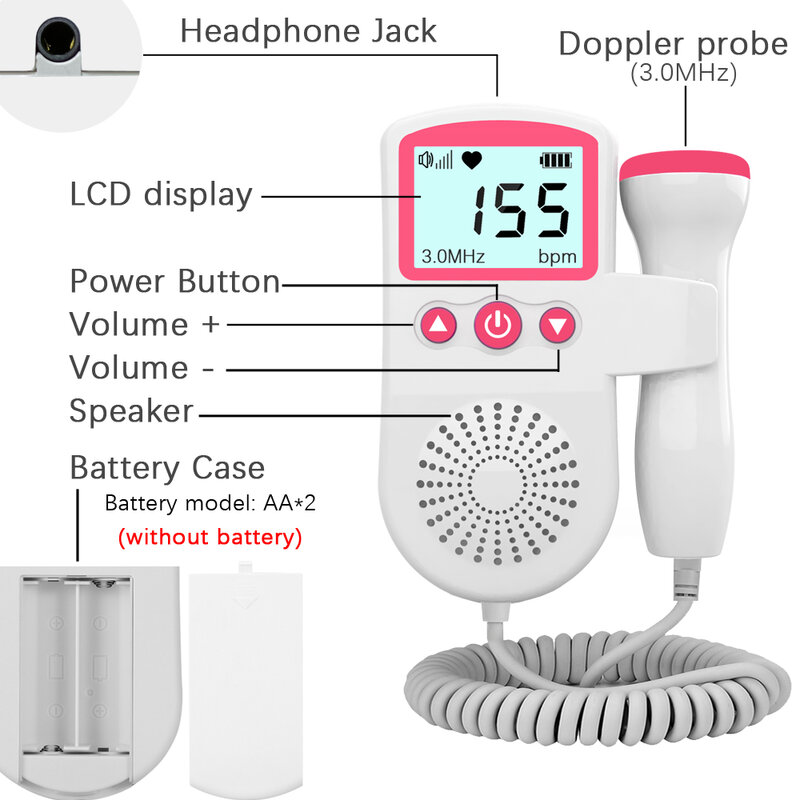 Monitor de ritmo cardíaco Fetal, dispositivo Doppler de 3,0 mhz, para embarazo en casa, Monitor de sonido Fetal, pantalla Lcd sin radiación