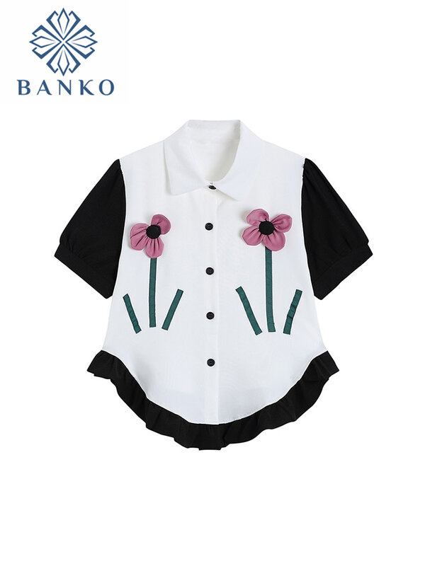 Bluzki damskie słodki kwiatowy stereoskopowy ozdobny guzik kołnierzyk Polo francuski luźny Design z krótkim rękawem marszczona koszula Femme