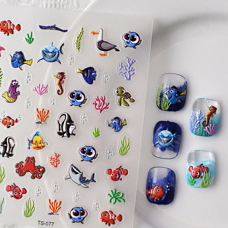 Милые Мультяшные морские животные 5D наклейки для ногтей для девочек Декоративные самоклеящиеся Слайдеры для ногтей
