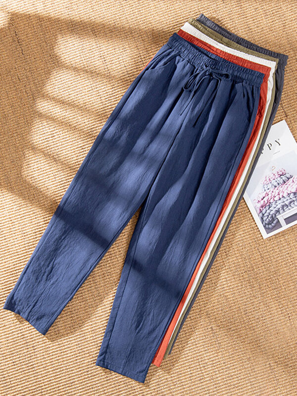 Pantaloni Casual da donna primavera estate cotone lino solido elastico in vita colori caramella pantaloni Harem morbidi Ladys femminili di alta qualità