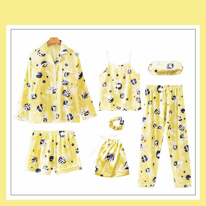 Hồng Sọc Bộ Đồ Ngủ Lụa Satin Femme Pyjama Set 7 Cái/bộ Nữ Thời Trang Quần Lót Áo Dây Pyjamas Nữ Đồ Ngủ Mẹ Pjs KPaCotAkoWka