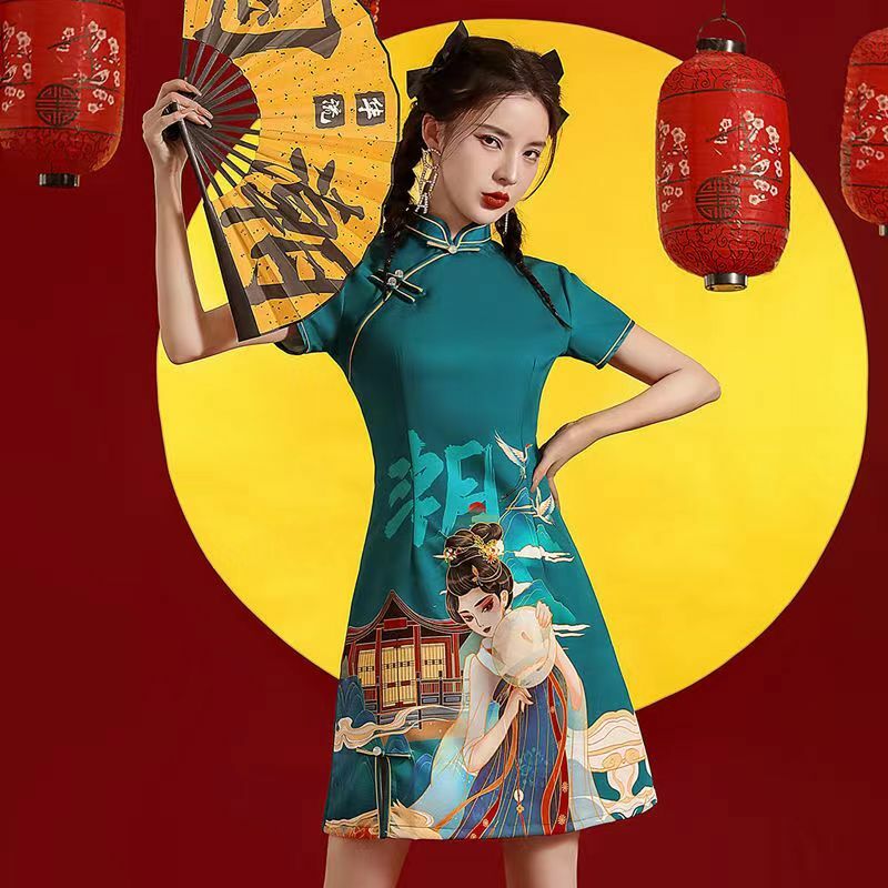 Guochao cheongsam 2022 년 새로운 개선 된 어린 소녀, 짧고 짧은 춤, 튀긴 거리, 중국 스타일, 빨간색. Qipao