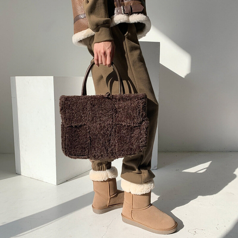 Зима 2022, женская сумка, брендовая зеленая Роскошная тканая маленькая сумка-тоут из искусственного меха, женские дизайнерские сумки, теплые ...
