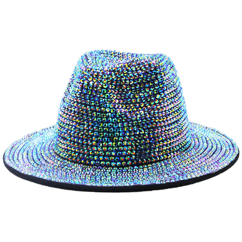 Moda bling rhinestone cravejado aba larga fedora chapéu para feminino panamá chapéu com diamante completo ajustável jazz chapéus masculino accessor
