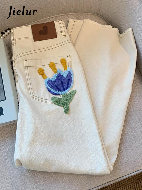 Jielur ręcznik haftowane wysokiej talii dżinsy damskie 2022 szykowna, nowa szczupła proste spodnie damskie kobiece dorywczo moreli dżinsy S-XL