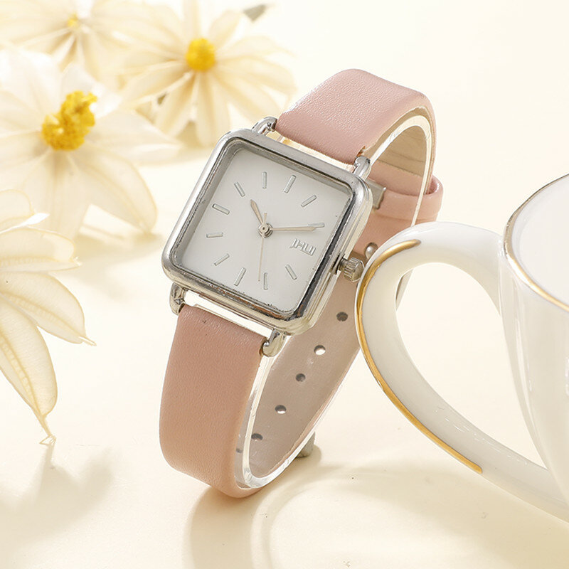 Relógio de pulso de quartzo de couro simples feminino elegante senhoras relógio quadrado coração pulseira senhoras presente conjunto