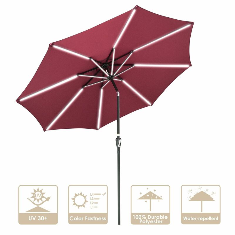 Parapluie lumineux multifonctionnel à 16led en Alu, auvent en Polyester, rouge foncé, 10 pieds