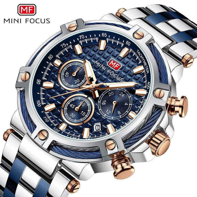 MINI FOCUS Chronograph wielofunkcyjne męskie zegarki kwarcowe luksusowy pasek ze stali biznes męski zegar wodoodporny relogio masculino