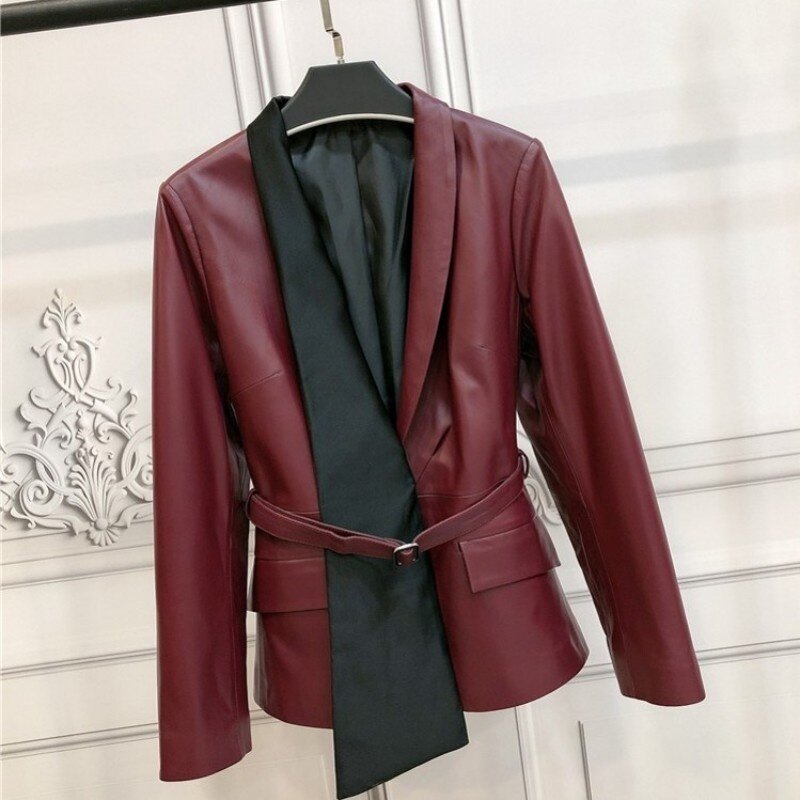 Женская Асимметричная короткая куртка из натуральной кожи, с поясом