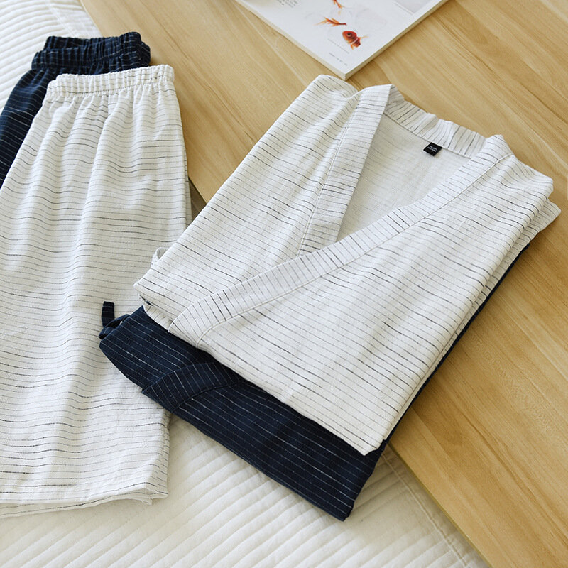 Pantalon Kimono เหงื่อสั้น Mens หลวมชุดนอนสบายๆกางเกงขาสั้นนึ่งญี่ปุ่นผ้าฝ้าย Pijama ผู้ชายชุดลายฤดูร้อน