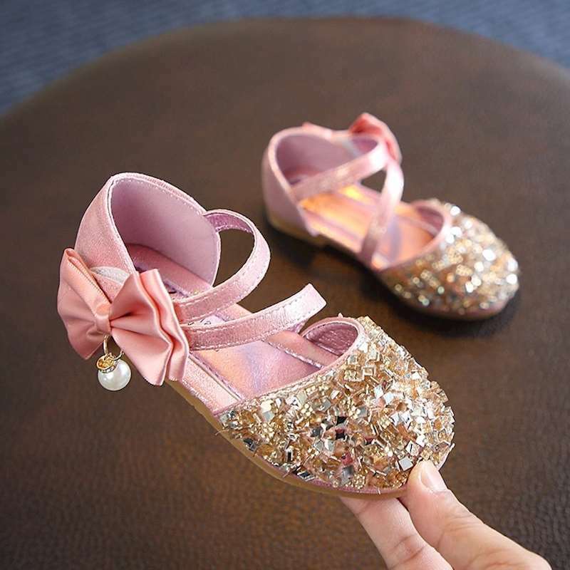 حذاء الأميرة مع فيونكة للبنات ، صندل صيفي مسطح ، كريستالات ناعمة ، قلادة حجر الراين