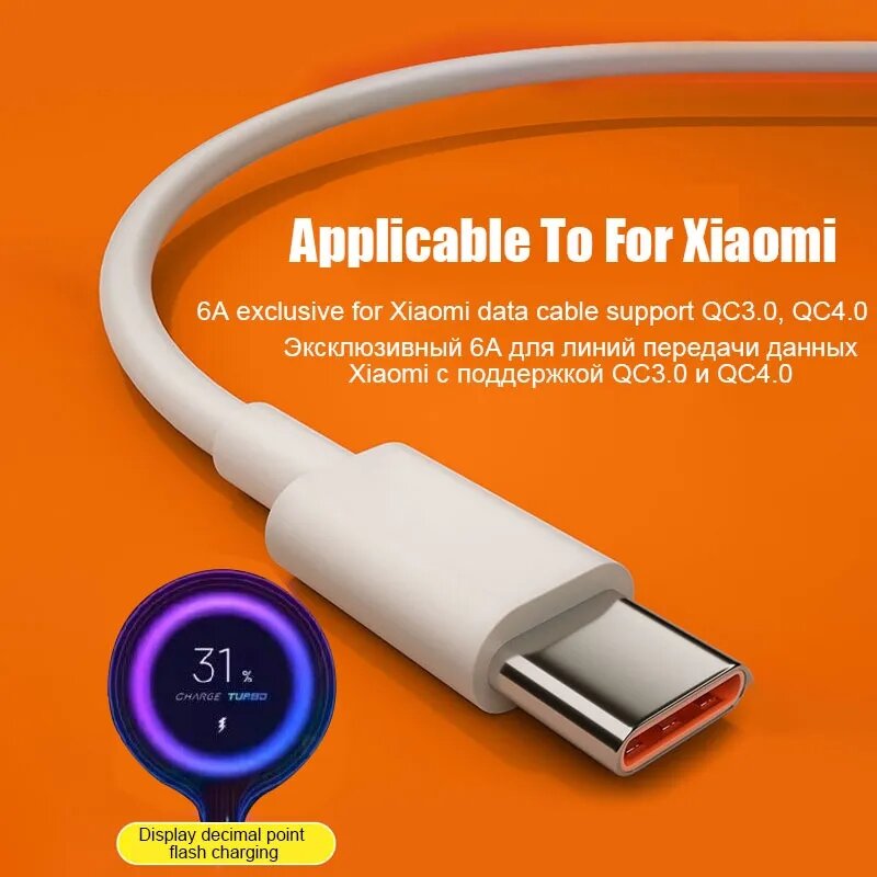 Cabo USB Tipo C para Xiaomi, Carregamento Rápido, Original 6A, Xiaomi 12, 12T, 11T, 13 Pro Ultra, Redmi Note 10, 11, 12 Pro