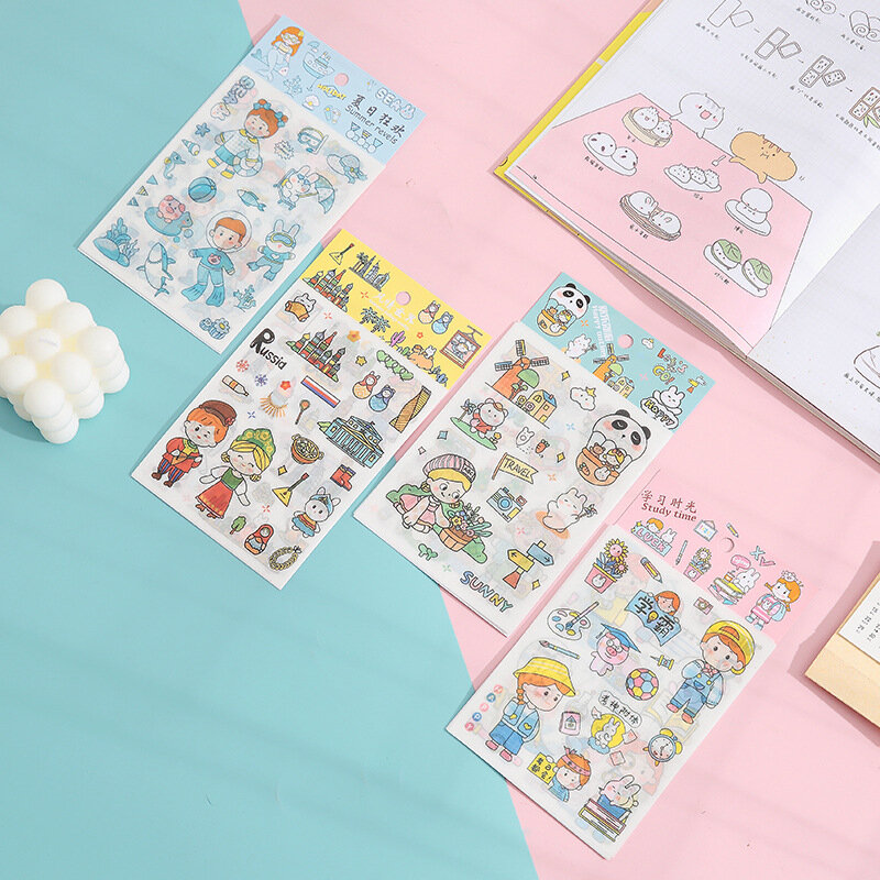 한국 크리에이티브 Ins 계정 Diy 와시 스티커, 만화 소녀 카와이 장식 계획 개인 저널 컬러 어린이 일본 문구