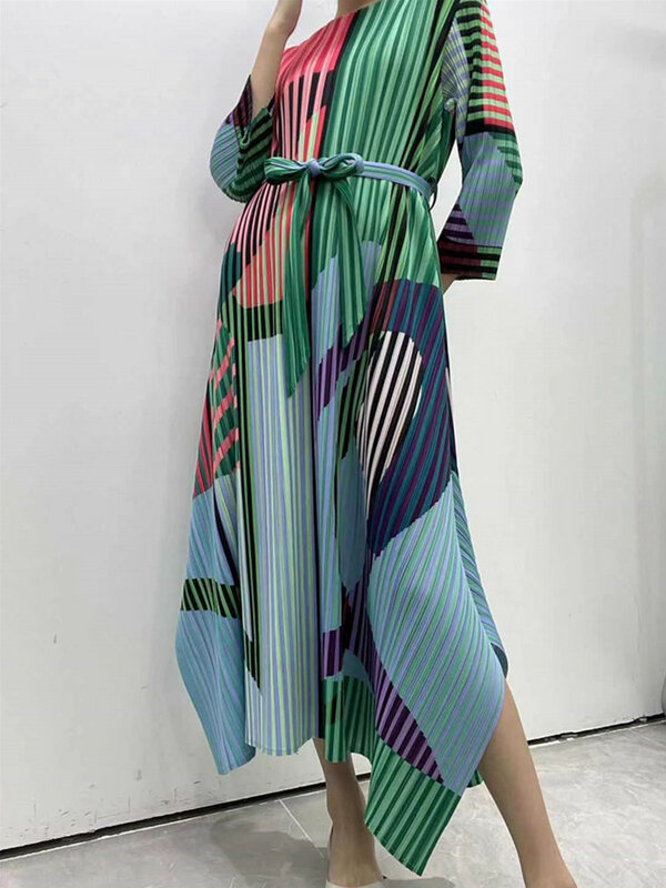 Miyake مطوي 2022 جديد الربيع الصيف حزام فستان الكورية مصمم الأزياء الفرنسية أنيقة فساتين طويلة الملابس العرقية