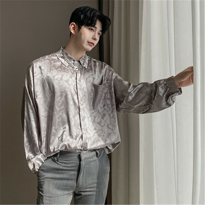 Korean Streetwear Long Sleeve Shirt Men Original Designer Silky Satin Jacquard Men's Shirt Print Oversize Loose Blouse Male 2022