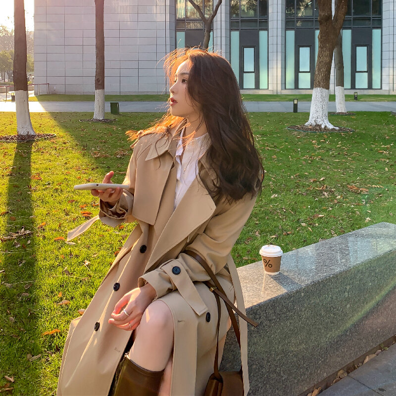 Осенне-зимнее новое пальто в Корейском стиле, женский классический двубортный Тренч в студенческом стиле, свободный Тренч средней длины