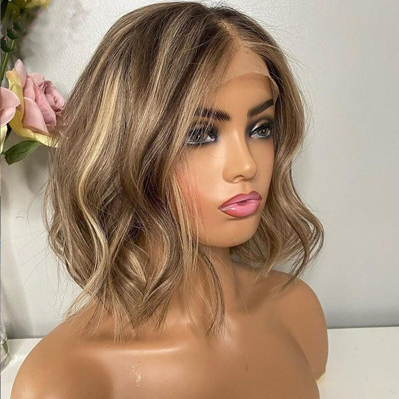 14 inch Short Bob Highlight Ombre Blonde Wave European Human Hair Jewish13x4 Lace Front Wigs For Women Soft Glueless Baby Hair