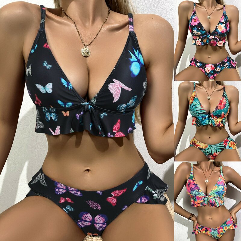 Womens Bathing Suit with Shorts Bottoms Printing Ruffled Split-up Women's Swimsuit Digital Set Multicolor Swimwears Tankinis Set