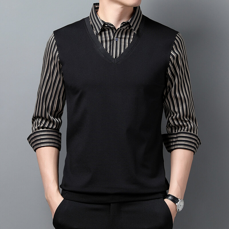 Men's False Two Pieces Shirt Collar Thickened Bottoming Shirt T-shirt Collar Young and Middle-Aged Fashion Casual Shirt