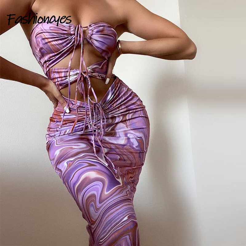 Vestido Midi estampado de verano para mujer, Sexy, ceñido al cuerpo, ahuecado, fruncido, con tirantes finos, informal, a la moda, 2021