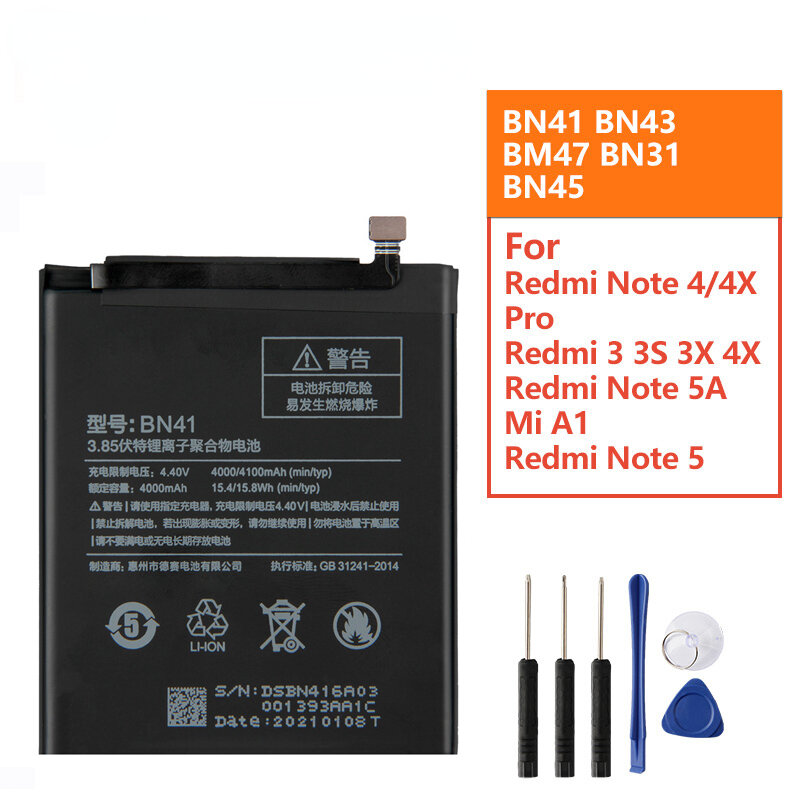 2022NEW Replacement Battery BN41 BN43 BM47 For Xiaomi Redmi Note 4 Note4 Pro Note4X MTK Helio X20 Redmi 3 3S Mi5X Note 5 BN31 BN