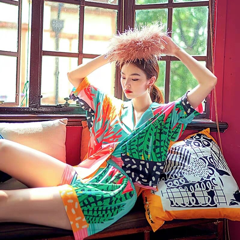 INS Women Pajama Set Hand Drawn Art Tropical Plants Pyjama Set Silk Like Nightwear Shorts Home Wear Clothes Sleepwear Homewear