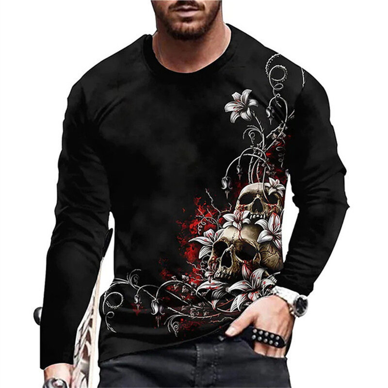 Long Sleeve Autumn Streetwear 3D Pattern Big Size Tops Evil Horror Round-Neck Tees Gothic Skull 3D Printing Men Fashion T-Shirts