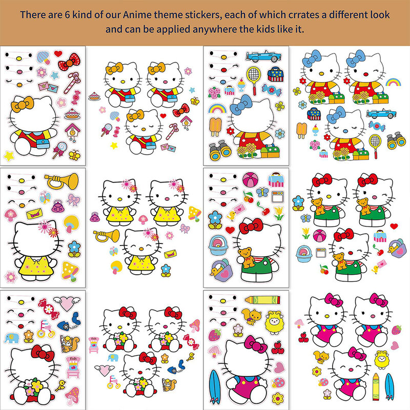 Pegatinas de rompecabezas de Hello Kitty para niños, juegos de hacer una cara, rompecabezas de ensamblaje divertido, juguete educativo para niños, regalo de fiesta, 6 o 12 hojas