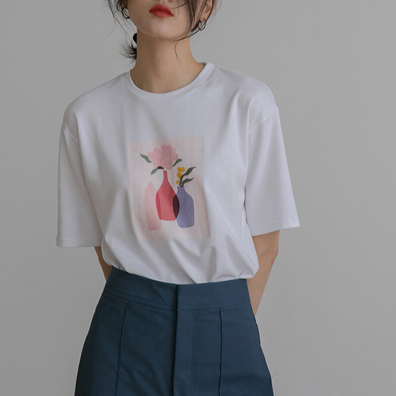 WYWM 2021 뉴 여름 만화 프린트 T 셔츠 여성 단순 하라주쿠 루즈 패션 티셔츠 반팔 부드러운 코튼 여성상의