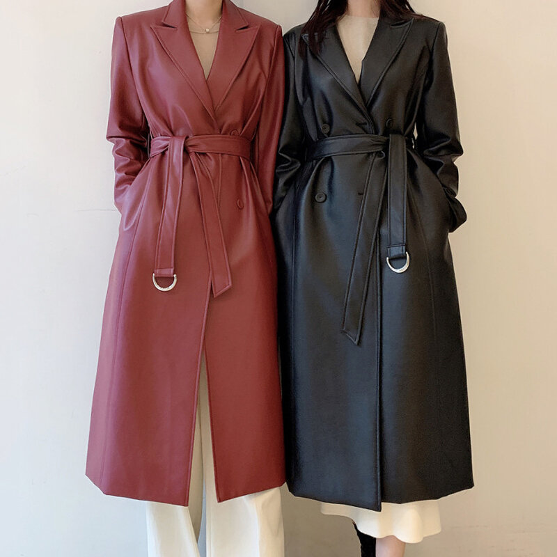 Primavera longo couro trench coat para mulher 2021 manga longa cinto estilo britânico duplo breasted simples clássico