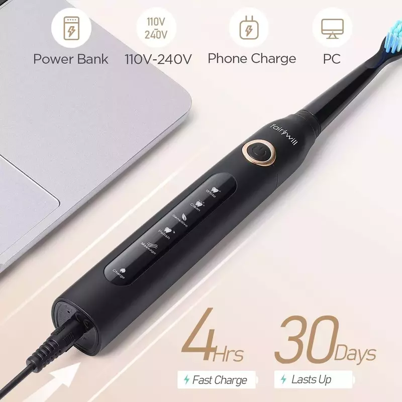 2022 Fairywill FW507 spazzolini elettrici sonici per adulti bambini 5 modalità Smart Timer ricaricabile 8 spazzolino Super sbiancante H
