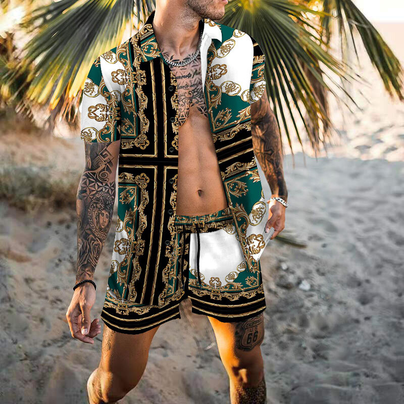 Мужская Летняя Повседневная рубашка с цветочным принтом, пляжный костюм из двух предметов, модная гавайская рубашка с короткими рукавами и принтом, футболка и шорты
