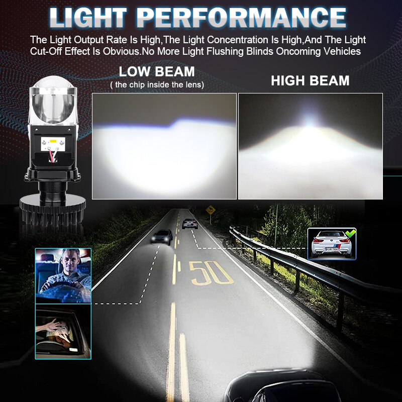 Farol Fanless para carro/motocicleta, Dual High Low Beam, projetor de lente LED bi, mini lâmpada H4, plug and play, 110W, Canbus, 60000LM, 9-32V