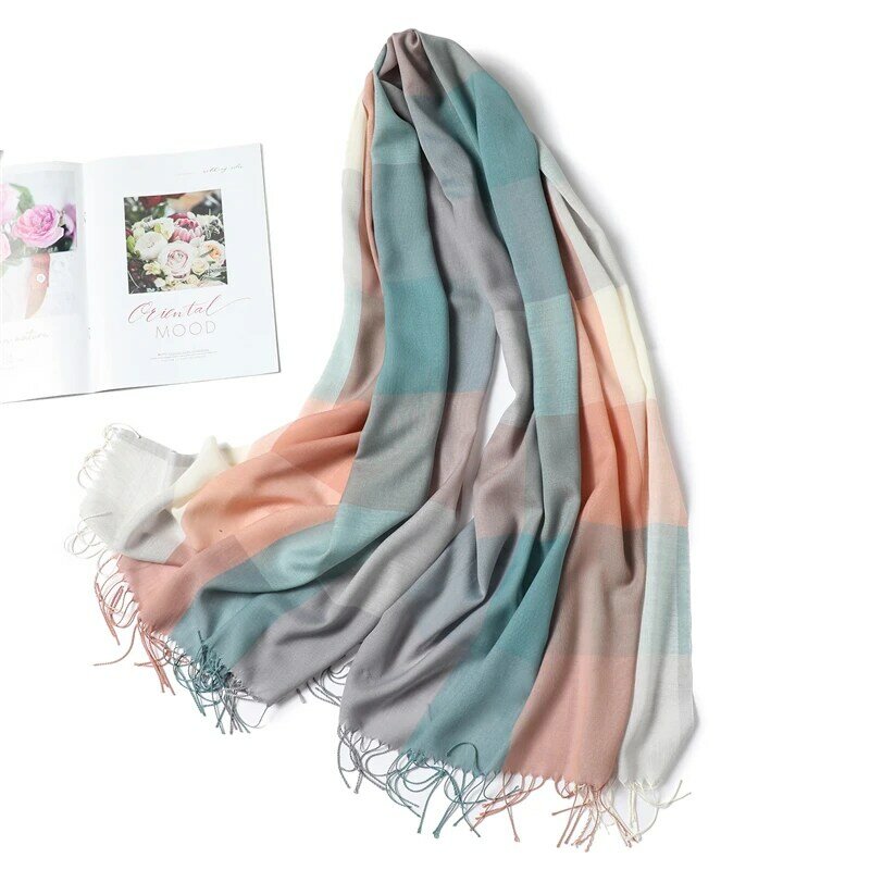 Moda xadrez cachecol de caxemira feminino hijabs quente macio cobertor borla xale muçulmano heasband envoltórios feminino pashmina foulard echarpe